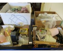 FOUR BOXES OF TABLE LAMPS, WALL SCONCES, MATERIAL ETC