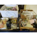 FOUR BOXES OF TABLE LAMPS, WALL SCONCES, MATERIAL ETC