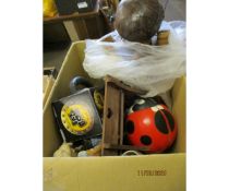 BOX OF VARIOUS TOYS, FRUIT BOWL ETC