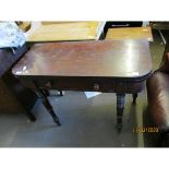 19TH CENTURY MAHOGANY FOLD OVER TEA TABLE WITH SINGLE DRAWER WITH TURNED KNOB HANDLES RAISED ON RING