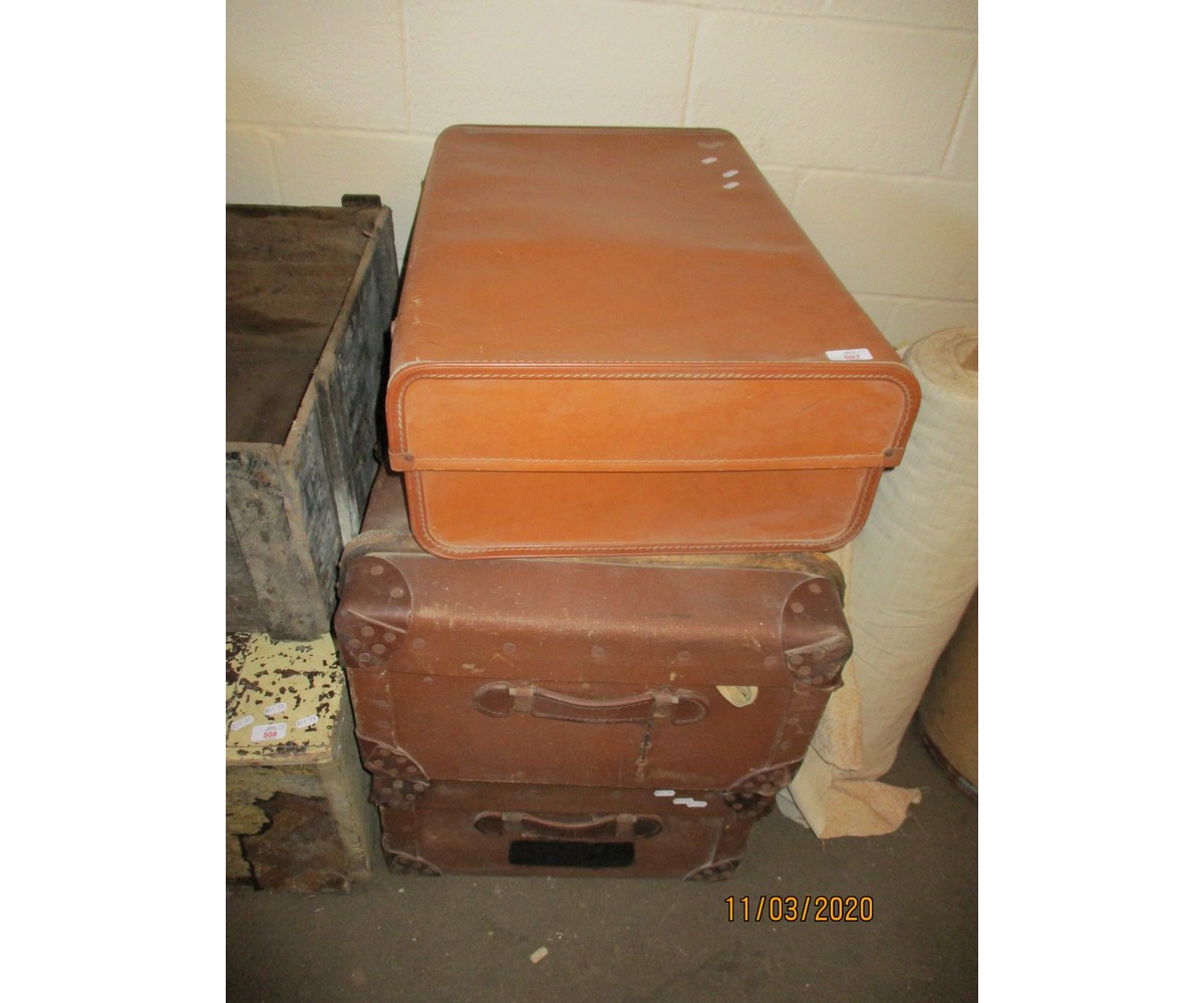 SUITCASE AND TWO VINTAGE TRUNKS