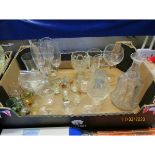 BOX OF VARIOUS DRINKING GLASSES, DECANTER ETC