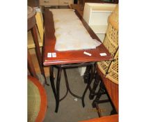 TEAK FRAMED GLASS TOP SIDE TABLE WITH METAL BASE