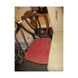 EDWARDIAN MAHOGANY AND SATINWOOD INLAID SHIELD BACK BEDROOM CHAIR WITH RED UPHOLSTERED SEAT