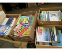 FOUR BOXES OF VARIOUS CHILDREN’S BOOKS, REFERENCE BOOKS ETC