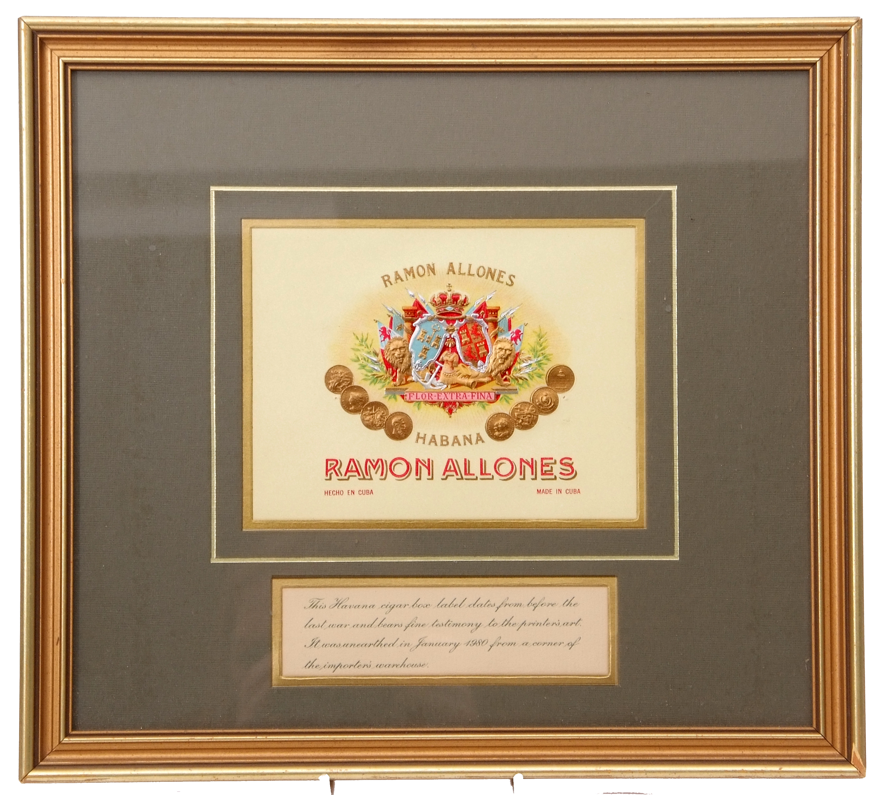 Pre-war Ramon Allanes Havana cigar box label, framed and glazed