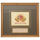 Pre-war Ramon Allanes Havana cigar box label, framed and glazed