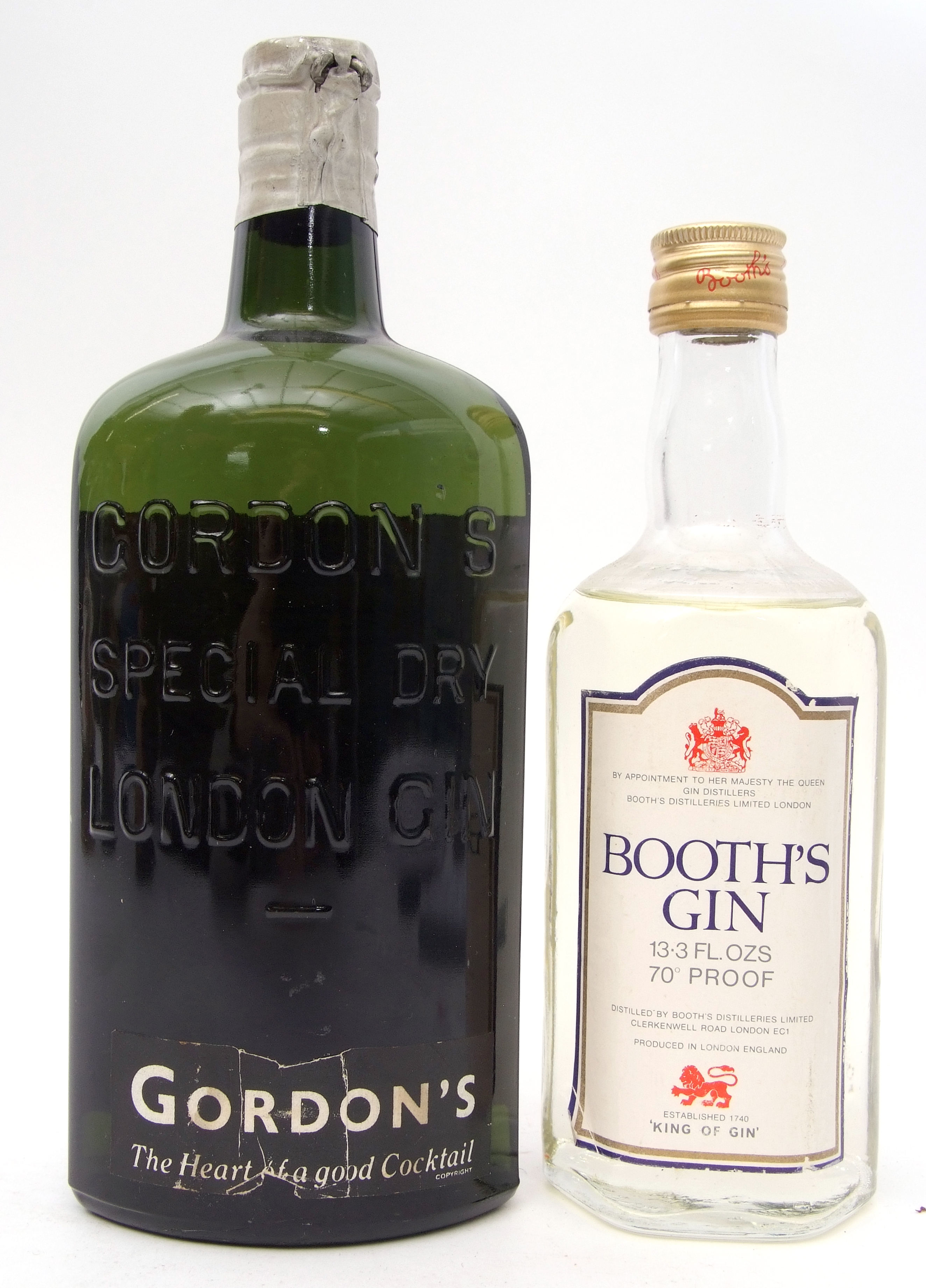 Vintage bottle of Gordon's Special Dry London Gin, 70% proof and further small bottle of Booth's