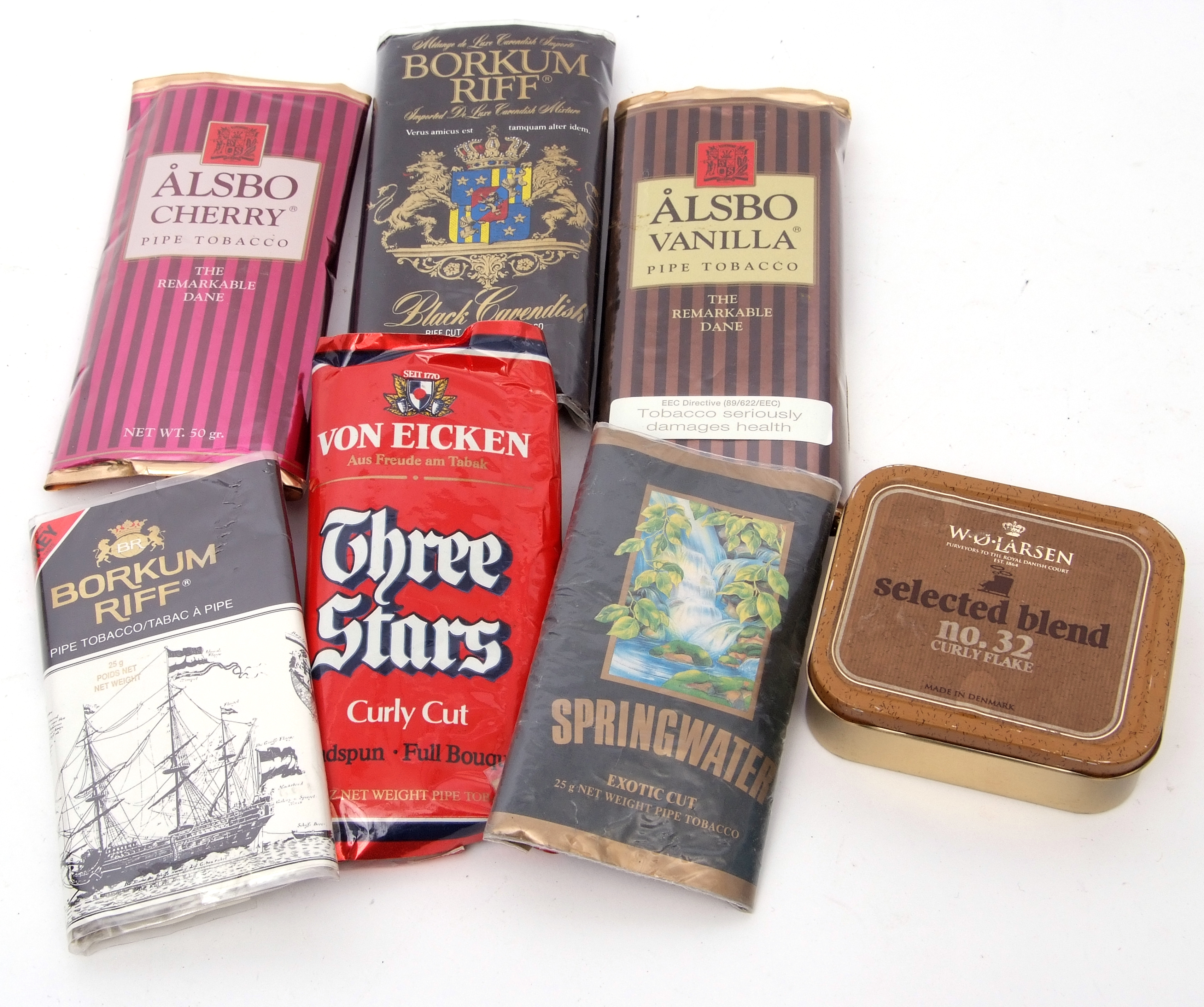 Tin and six various packets, Borkum Riff, Alsbo Vanilla, Alsbo Cherry and others (7)