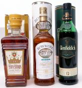 Bowmore Legend Single Malt Scotch Whisky, 700ml in tube, Glenfiddich 12yo "Our Signature Malt", 70cl