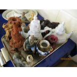 TRAY CONTAINING MIXED MODERN ORIENTAL FIGURES, TEA POT ETC