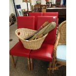 SET OF FOUR RED LEATHERETTE L-SHAPED DINING CHAIRS WITH BEECHWOOD LEGS