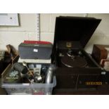 TWO CASES OF MIXED VINYL RECORDS, 78S ETC AND A HIS MASTERS VOICE OAK CASED RECORD PLAYER (3)