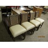 SET OF FOUR OAK FRAMED CREAM UPHOLSTERED DINING CHAIRS