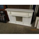 WHITE PAINTED OVERMANTEL MIRROR WITH OPEN SHELF AND SQUARE MIRROR FLANKED EITHER SIDE BY CARVED