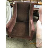 EDWARDIAN MAHOGANY FRAMED AND AUBERGINE UPHOLSTERED ARMCHAIR