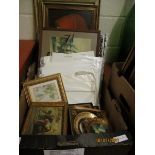 BOX CONTAINING PRINTS, PICTURES, SILVER LEAF PICTURE FRAMES, WATERCOLOURS ETC