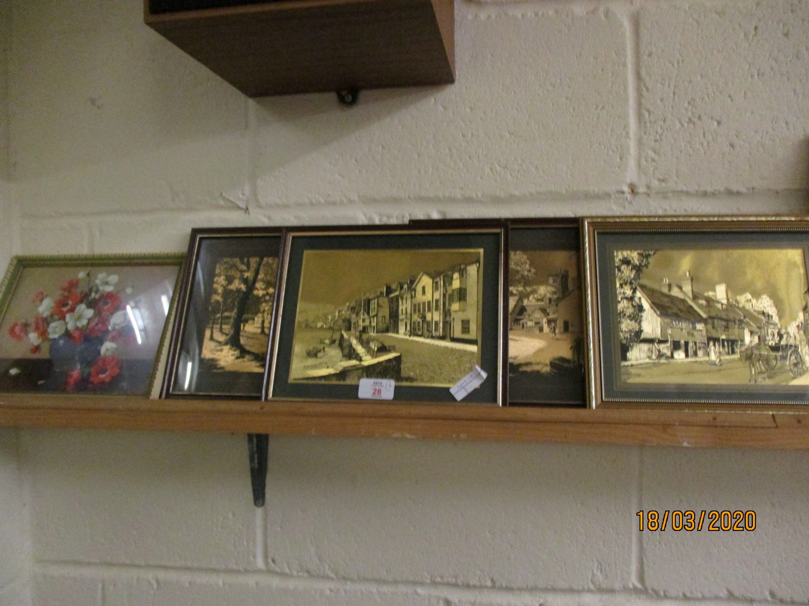 SET OF FIVE BRASS ENGRAVED PICTURES AND A FURTHER PRINT OF A VASE OF FLOWERS