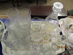 GEORGIAN THREE RING DECANTER, 19TH CENTURY AND EDWARDIAN GLASSES TO INCLUDE ETCHED TUMBLERS ETC