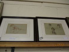 PRINT OF A HORSE HEAD, TWO TEAK FRAMED DRAWINGS OF LADIES (3)