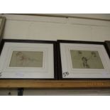 PRINT OF A HORSE HEAD, TWO TEAK FRAMED DRAWINGS OF LADIES (3)