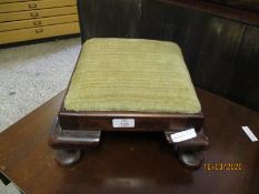 MAHOGANY FRAMED SQUARE FORMED SQUAT STOOL WITH CREAM UPHOLSTERED TOP