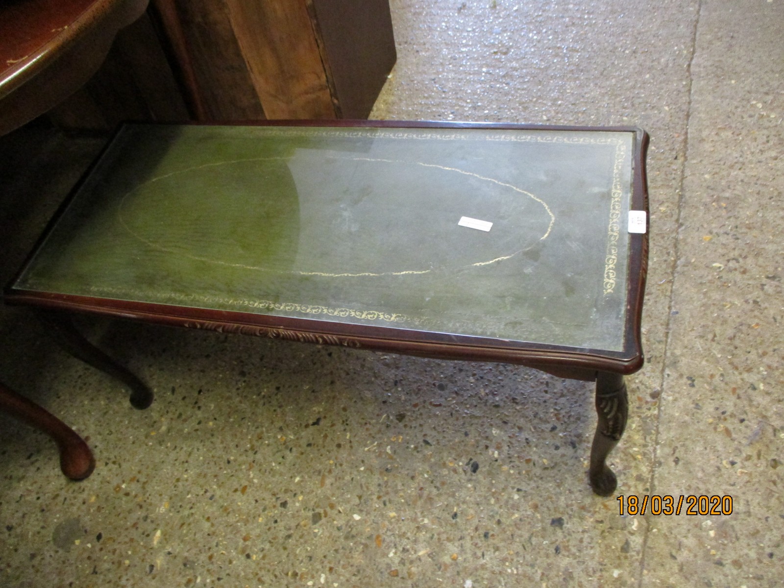 TEAK FRAMED GREEN LEATHER INSET RECTANGULAR COFFEE TABLE