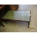 TEAK FRAMED GREEN LEATHER INSET RECTANGULAR COFFEE TABLE