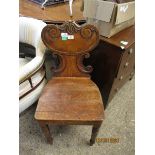 19TH CENTURY OAK HALL TABLE CHAIR, WITH C-SCROLL MOULDED BACK AND SOLID SEAT