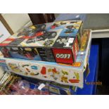 FIVE SETS CONTAINING LEGO, AURORA WORLD CHAMPION MOTOR RACING, MATCHBOX, CONTAINER PORT PART SET