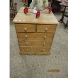 SMALL PINE TWO OVER THREE FULL WIDTH DRAWER CHEST WITH TURNED KNOB HANDLES