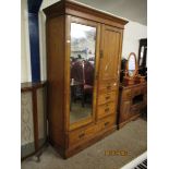 VICTORIAN PINE WARDROBE WITH SINGLE MIRRORED DOOR WITH FOUR DRAWERS WITH DECORATIVE BRASS HANDLES