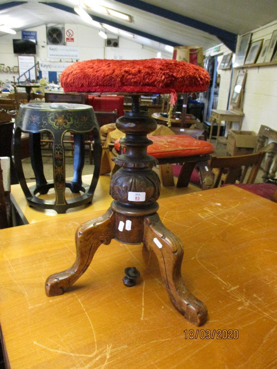 VICTORIAN CARVED OAK ADJUSTABLE PIANO STOOL WITH RED UPHOLSTERED TOP