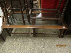 MAHOGANY RECTANGULAR FRAMED GLASS TOP TABLE WITH BOBBIN TURNED SUPPORTS