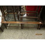 MAHOGANY RECTANGULAR FRAMED GLASS TOP TABLE WITH BOBBIN TURNED SUPPORTS