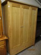 GOOD QUALITY MODERN PINE TRIPLE DOOR WARDROBE WITH TWO FULL WIDTH DRAWER TO BASE WITH CHROME