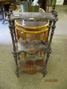 WALNUT AND INLAID THREE TIER WHATNOT WITH TWISTED AND TURNED COLUMN SUPPORTS