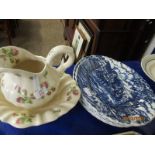 SIX ASSORTED MYOTT ROYAL MAIL BLUE PRINTED DINNER PLATES AND A FURTHER ROSE DECORATED WASH JUG AND