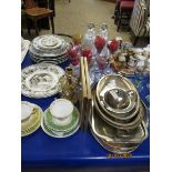 MIXED LOT OF PLATES, CANDLESTICKS, SILVER PLATED ENTRÉE DISH, GALLERIED EDGE TRAY, MIXED GLASS