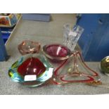 FOUR ASSORTED STUDIO GLASS HEAVY BOWLS AND A FURTHER FACETED CUT VASE (5)