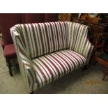 EDWARDIAN MAHOGANY FRAMED TWO SEATER COTTAGE SOFA WITH CREAM, RED AND GOLD STRIPED UPHOLSTERY