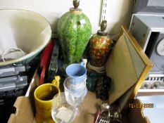 BOX CONTAINING ASSORTED LAMPS, GLASS WARES, SILVER PLATED WARES ETC