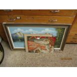 TWO VICTORIAN EMBROIDERED PICTURES TOGETHER WITH A CONTINENTAL OIL ON CANVAS OF A MOUNTAINOUS