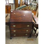 GOOD QUALITY WALNUT DROP FRONTED BUREAU WITH THREE FULL WIDTH DRAWERS RAISED ON PAD FEET