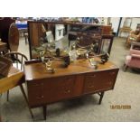 RETRO TEAK FRAMED MIRROR BACK SIDEBOARD WITH FOUR DRAWERS ON TAPERING SQUARE LEGS