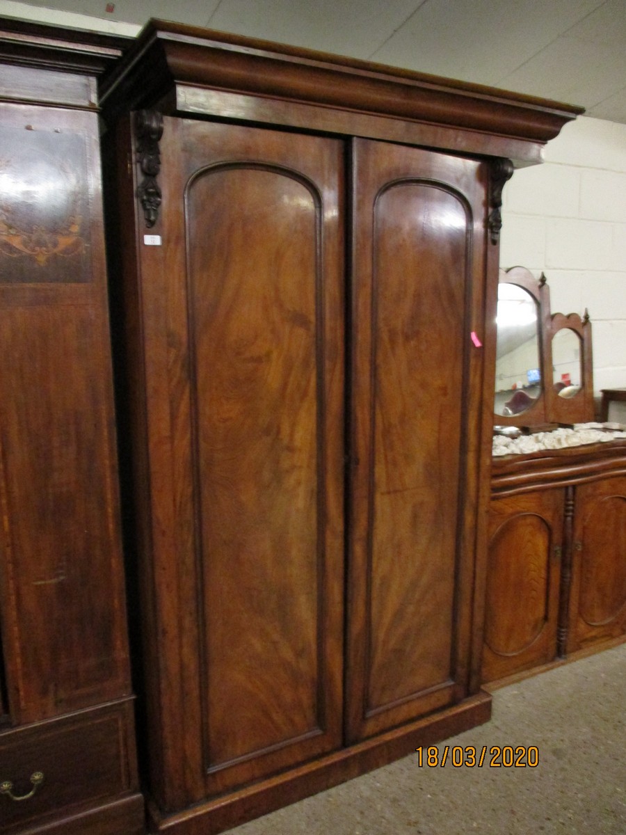 VICTORIAN MAHOGANY DOUBLE DOOR CUPBOARD WITH CARVED DETAIL