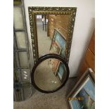 OAK FRAMED OVAL WALL MIRROR AND A FURTHER GILT RECTANGULAR WALL MIRROR WITH PIERCED EDGE