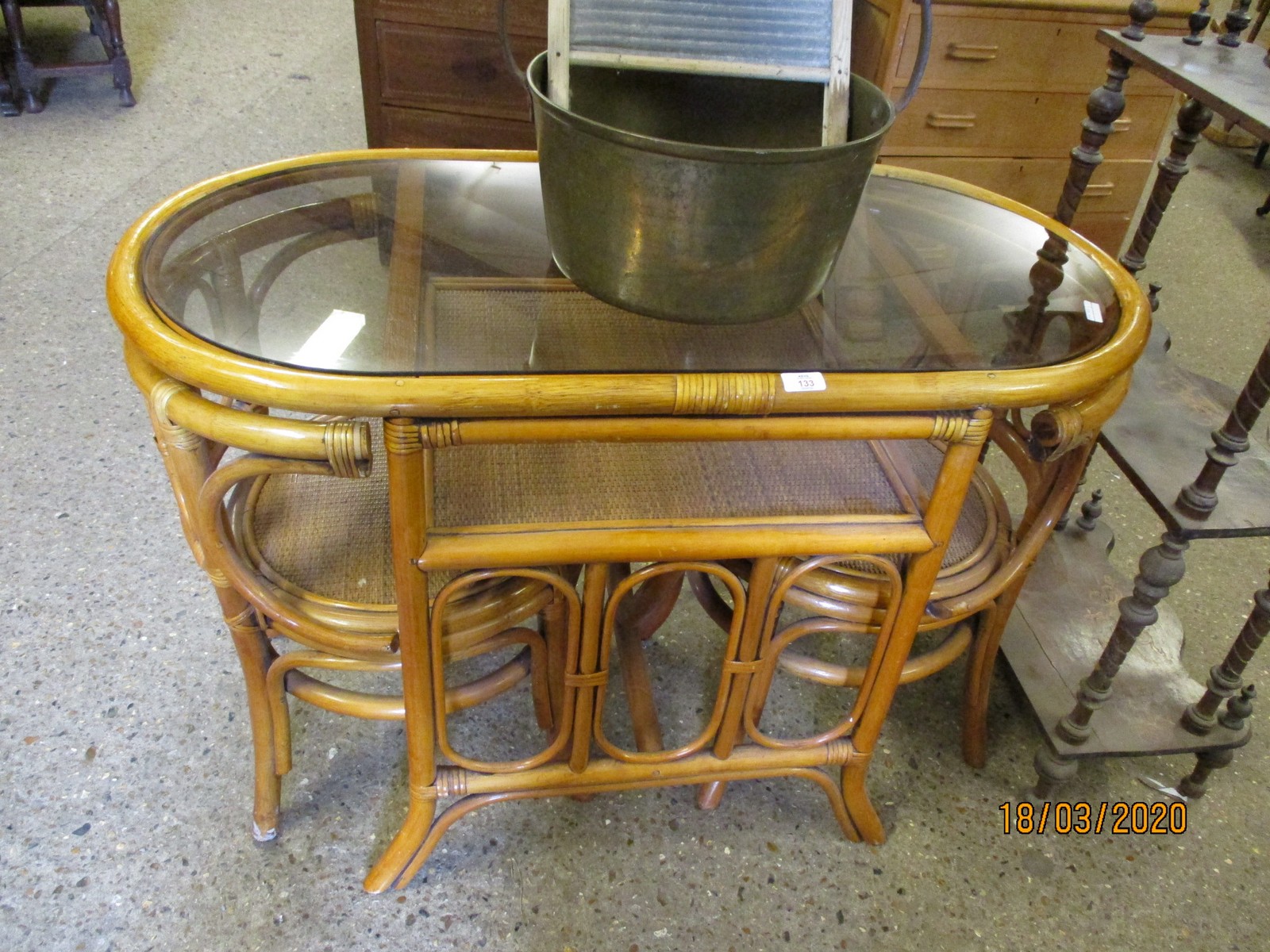 BAMBOO FRAMED OVAL TABLE WITH TWO INSERTED CHAIRS