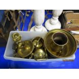 PLASTIC TUB CONTAINING BRASS MINIATURE TEA POTS, VASE ETC