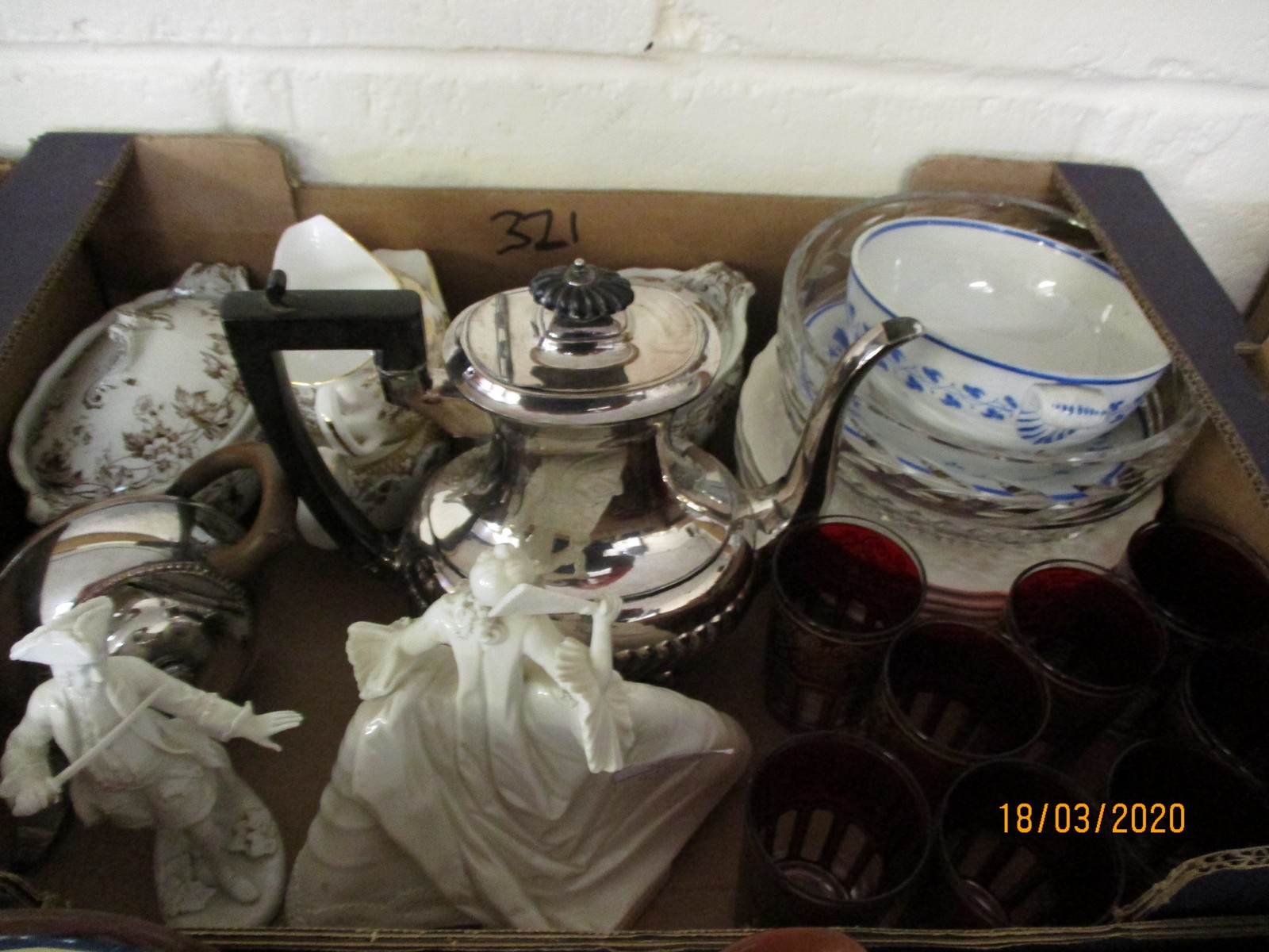 BOX CONTAINING A SET OF EIGHT BOHEMIAN TYPE GLASS TUMBLERS, SILVER PLATED TEA POT ETC